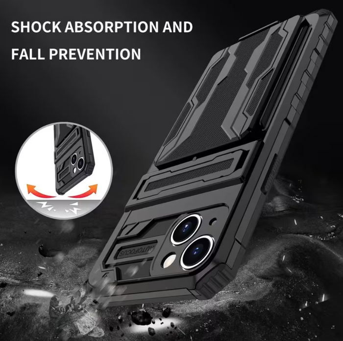 Black TechPlus iPhone 15 heavy-duty shockproof case with built-in card holder and kickstand for secure protection.