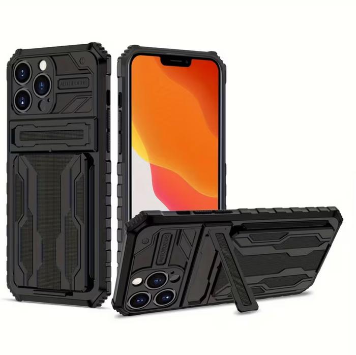 Black TechPlus iPhone 15 Pro heavy-duty shockproof case with built-in card holder and kickstand for extra protection and convenience.