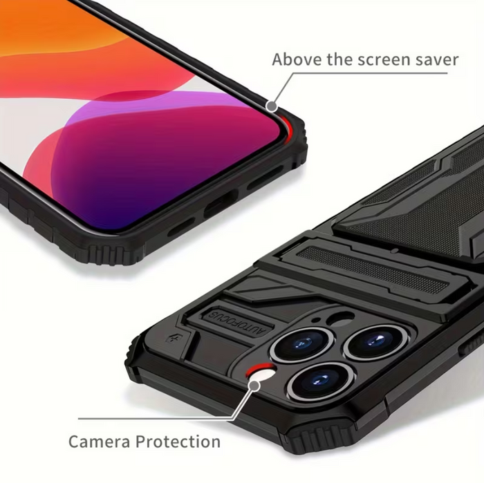 Black TechPlus iPhone 15 Pro heavy-duty shockproof case with built-in card holder and kickstand, designed for mobile protection.