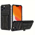 Black TechPlus heavy-duty shockproof iPhone 15 Pro Max case with card holder and kickstand for added protection and convenience.