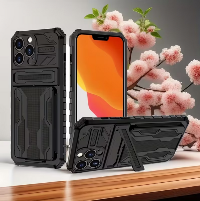 Black TechPlus iPhone 15 Pro Max heavy-duty shockproof case with card holder and kickstand, showing rugged design and card slot.