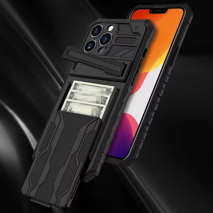 Black TechPlus iPhone 15 Pro Max heavy-duty shockproof case with card holder and kickstand, designed for durable mobile protection.
