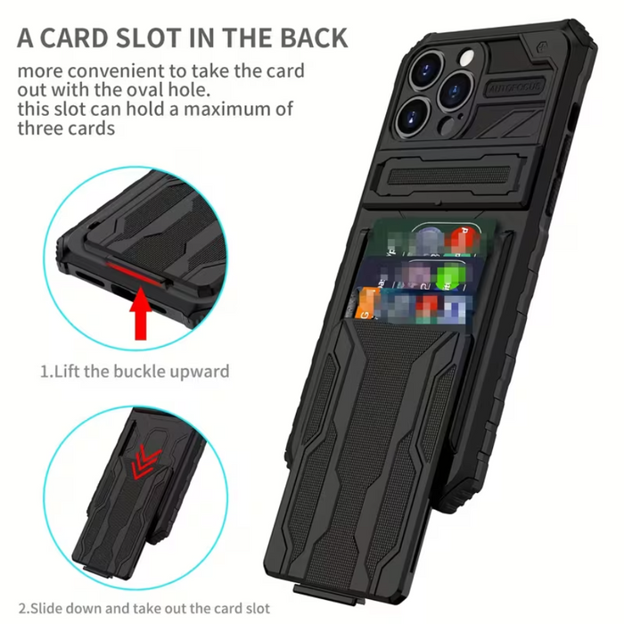 Black TechPlus iPhone 15 Pro Max heavy-duty shockproof case with card holder and kickstand, designed for durable protection.