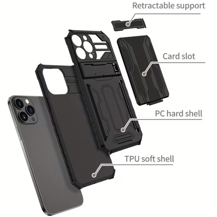 Black TechPlus iPhone 15 Pro Max heavy-duty shockproof case with built-in card holder and kickstand, offering protection and convenience.