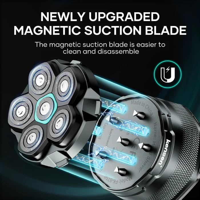 KENSEN S15 Electric Head Shaver with hair crimpers attachment, black and silver design for grooming and styling hair.