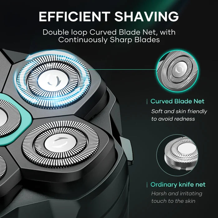 KENSEN S15 Electric Head Shaver with hair crimpers attachment, black and silver design, close-up of the device's head and handle.