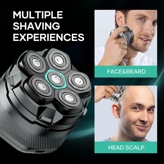 KENSEN S15 Electric Head Shaver with hair crimpers attachment, black and silver design, close-up of the shaver and crimping plates