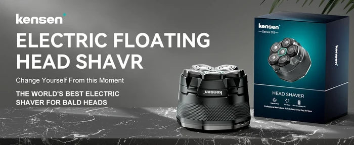 KENSEN S15 Electric Head Shaver with hair crimpers attachment, black and silver design, close-up of shaver and crimping plates