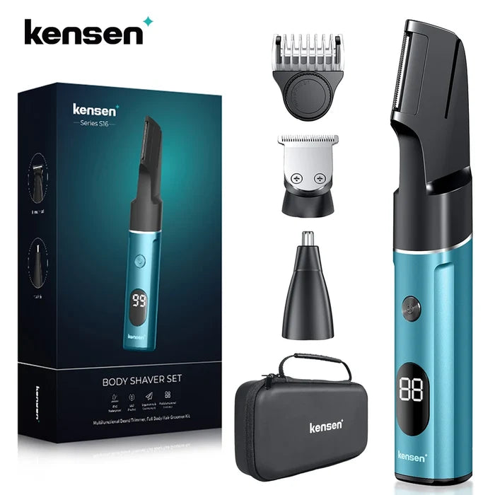 Kensen S16 electric hair trimmer for men, 3-in-1 hair clipper and crimper, black and silver design with adjustable blades