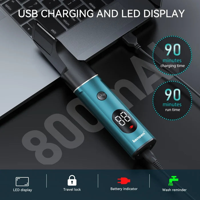 Kensen S16 electric hair trimmer for men, 3-in-1 hair clipper and crimper, in black with adjustable blade settings.