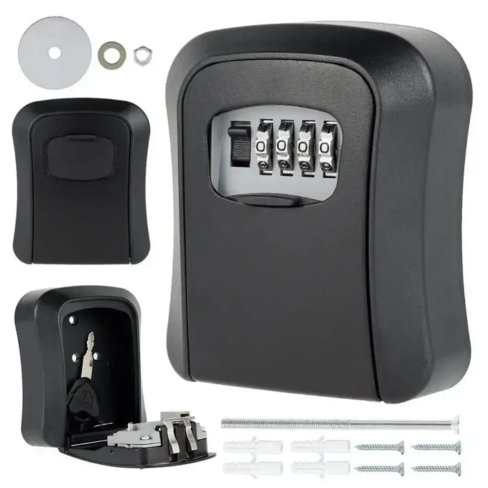 HBC Habicare key lock box in grey, black, red, or blue with combination code, wall-mounted outdoor security storage.
