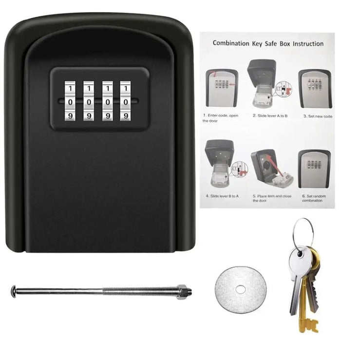 Metal key lock box by 9eight5, durable tool for secure key storage with combination lock, shown with keys inside.
