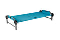 Blue portable camping cot with sturdy gray metal frame for outdoor relaxation and comfort.