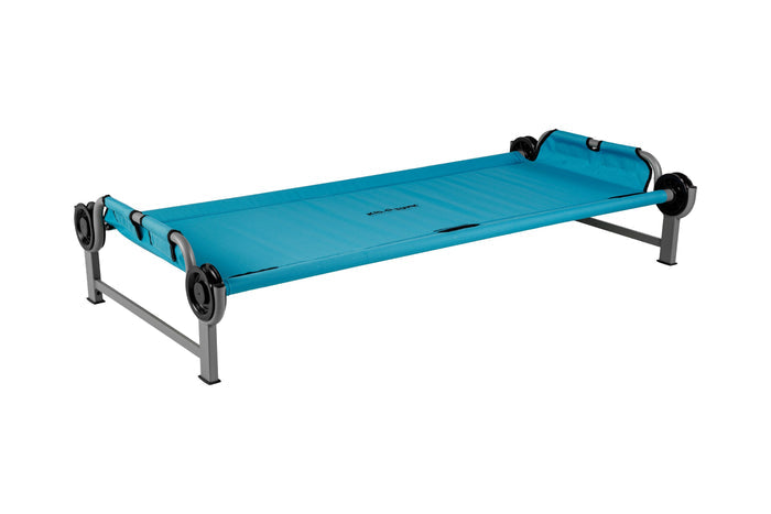 Blue portable camping cot with sturdy gray metal frame for outdoor relaxation and comfort.