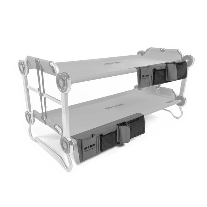 Kid-O-Bunk portable bunk bed with gray fabric, includes storage pockets and durable metal frame.