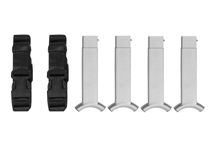 Set of 4 stainless steel magazine holders with 2 adjustable nylon straps for secure storage.