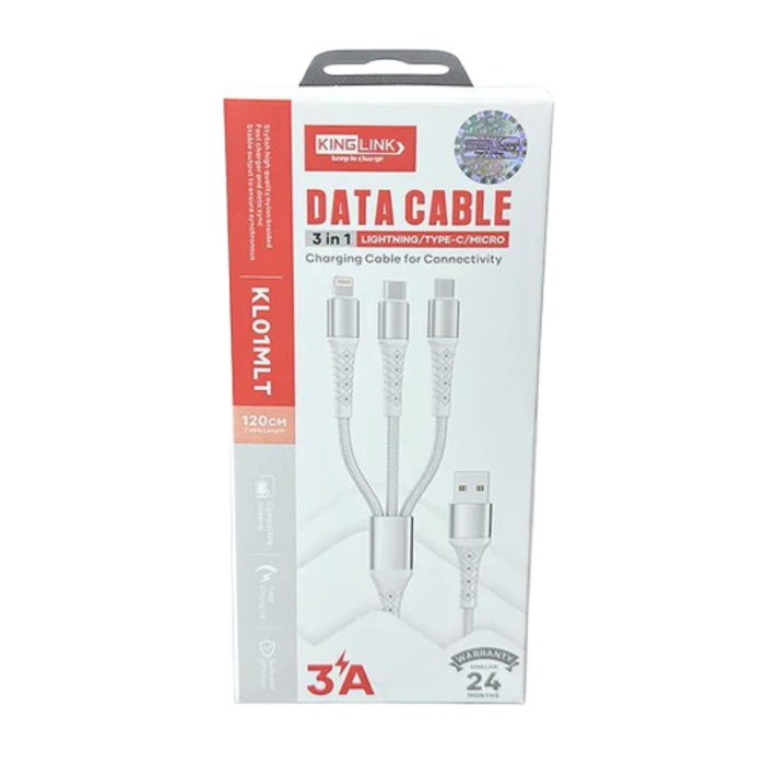 Kinglink 1.2m 3-in-1 cable by 9eight5 showing multiple connector heads for versatile device charging and data transfer.