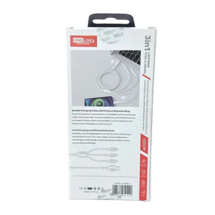 Kinglink 1.2m 3-in-1 cable by 9eight5, versatile accessories for charging and data transfer with multiple connector types.