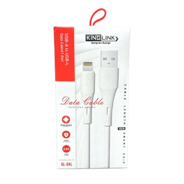 9eight5 Kinglink 1m 20W USB-A to Lightning cable, close-up of black cable with USB-A and Lightning connectors.