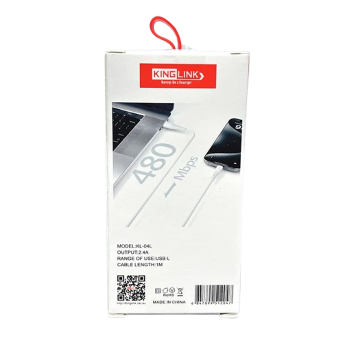 9eight5 Kinglink 1m 20W USB-A to Lightning cable, accessory with white braided design, designed for fast charging and data transfer.