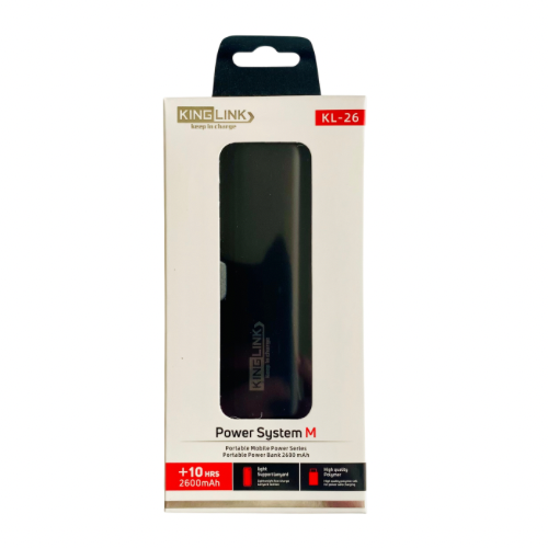 Black Kinglink 2,600 mAh power bank by 9eight5 for phones and tablets, showing compact portable design.