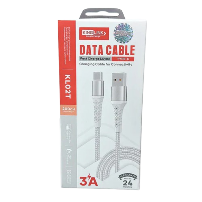 9eight5 Kinglink 2m USB-A to USB-C cable accessory, black with reinforced connectors, designed for fast charging and data transfer