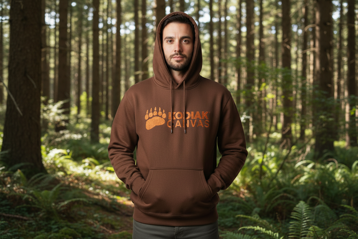 Men's brown Kodiak Canvas hoodie with bear graphic, perfect for outdoor activities and casual wear.
