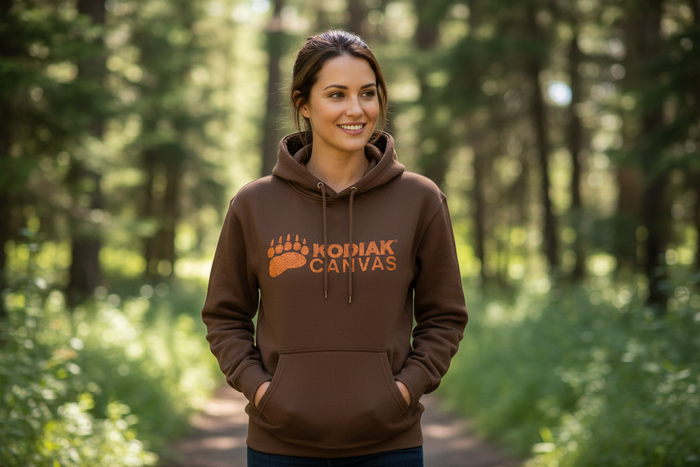 Brown Kodiak Canvas hoodie featuring a bear paw logo, perfect for outdoor adventures and casual wear.