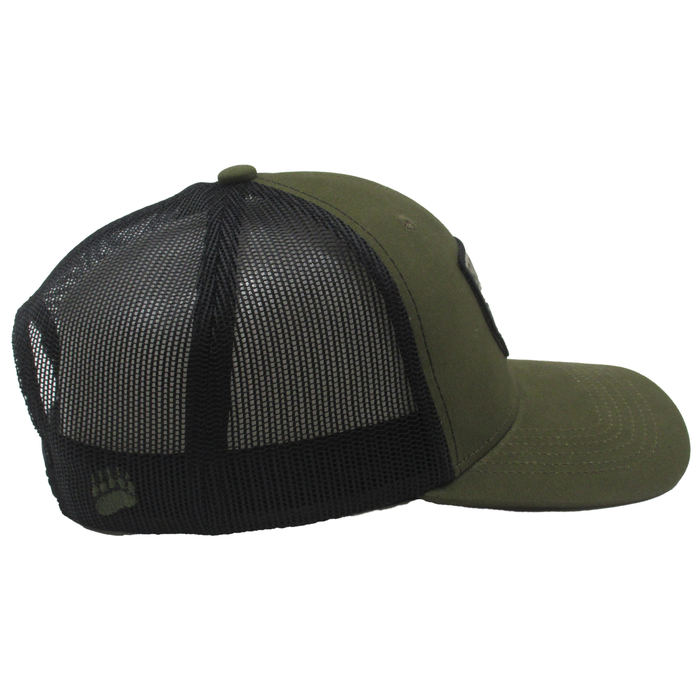 Olive green trucker cap with black mesh back and embroidered logo, ideal for outdoor activities.