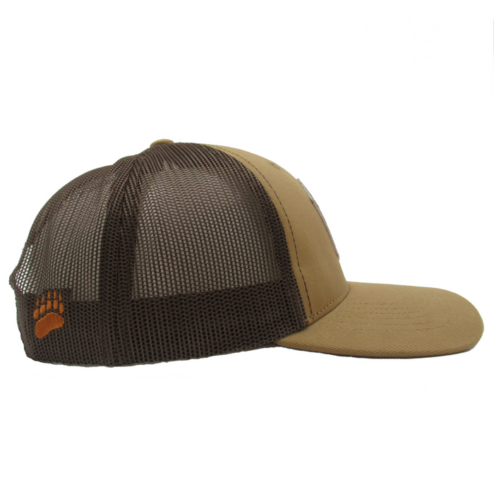 Brown mesh trucker cap with bear paw logo, perfect for outdoor activities and casual wear.