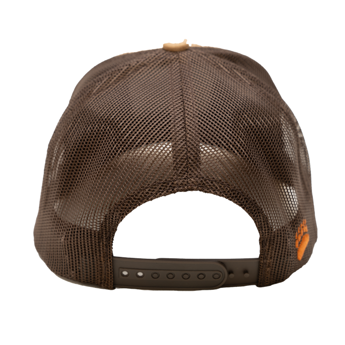 Brown mesh trucker cap with adjustable strap, featuring an embroidered logo on the back.