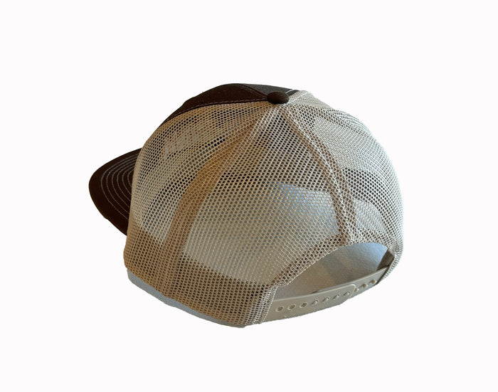 Black and beige mesh trucker cap with adjustable snapback closure, ideal for casual wear.
