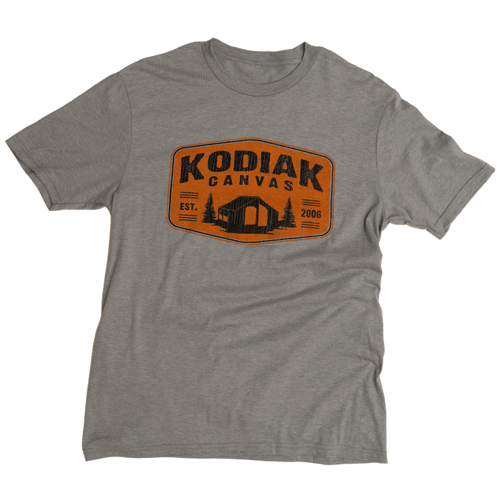 Kodiak Canvas men's gray t-shirt with orange logo, established 2006, soft cotton fabric.