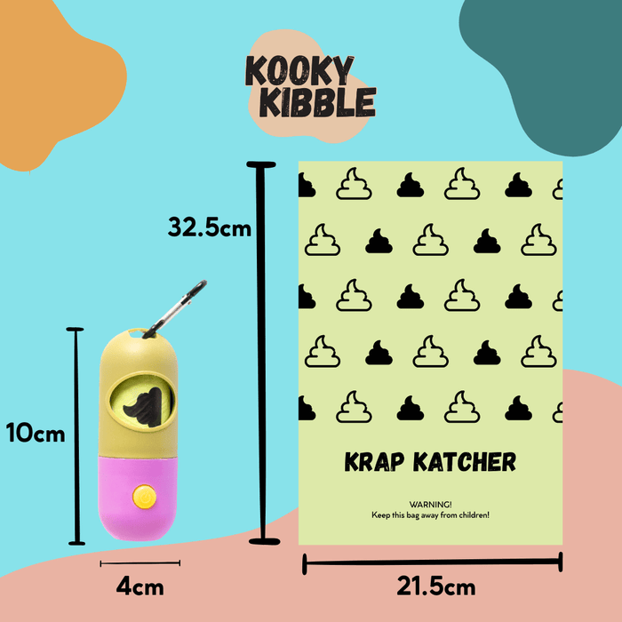Biodegradable Kooky Krap Katcher dog and cat poop bags by Kooky Kibble NZ, showing eco-friendly waste disposal bags.