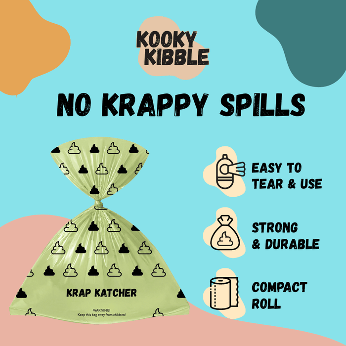 Kooky Krap Katcher biodegradable dog and cat poop bags from Kooky Kibble NZ, eco-friendly and convenient for pet waste disposal.