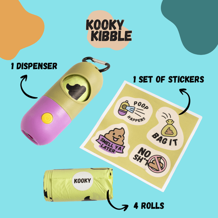 Biodegradable Kooky Krap Katcher dog and cat poop bags from Kooky Kibble NZ, eco-friendly waste disposal for pets.