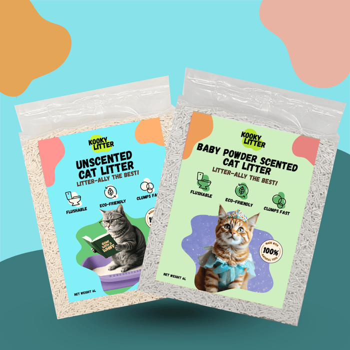 Kooky Litter flushable cat litter by Kooky Kibble NZ, showing biodegradable tofu-based cat litter in a clean container.