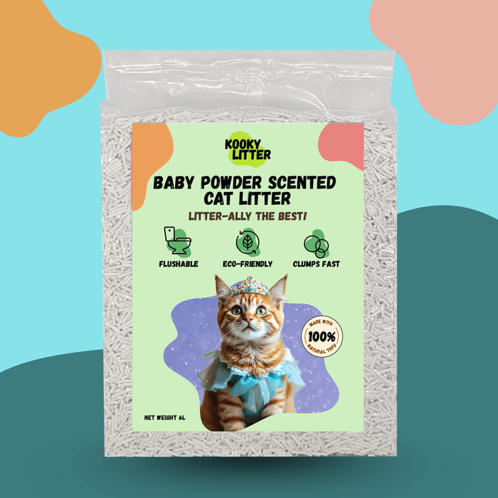 Kooky Kibble NZ flushable tofu cat litter in a bag, showing the product packaging and branding for eco-friendly cat waste management.