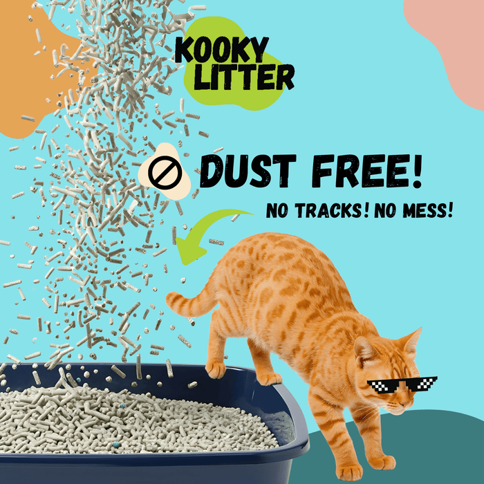 Kooky Litter flushable cat litter in a bag, showing tofu-based formula with biodegradable granules for easy disposal.