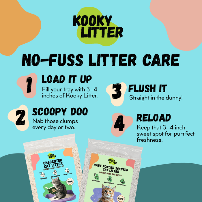 Kooky Kibble NZ flushable cat litter with tofu scent, showing the bag of Kooky Litter for cats.