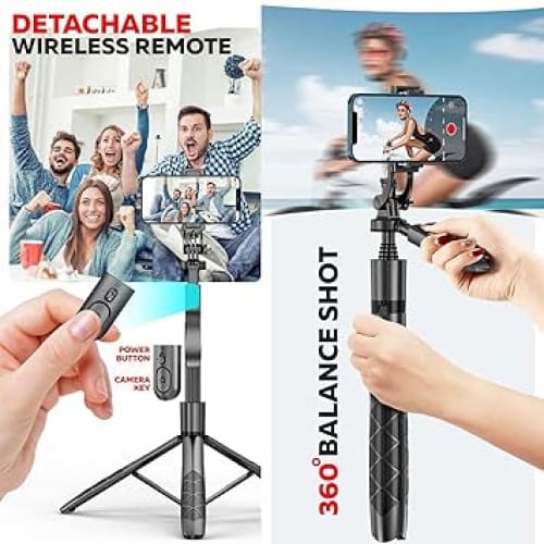 9eight5 L16 selfie stick with remote and stand, portable electronics accessory for selfies and photos.