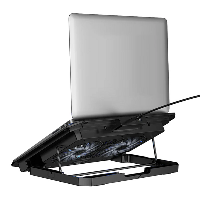 TechPlus adjustable laptop stand with cooling fan, lightweight and ergonomic design for improved airflow and comfort.