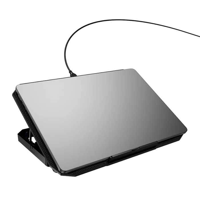 Techplus adjustable laptop stand with built-in cooling fan, ergonomic design, and multiple height settings for better airflow and comfort.