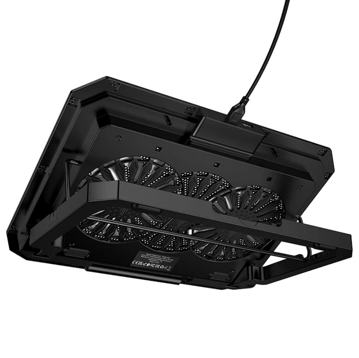 Techplus adjustable laptop stand with cooling fan, ergonomic design, black color, and vented surface for improved airflow.
