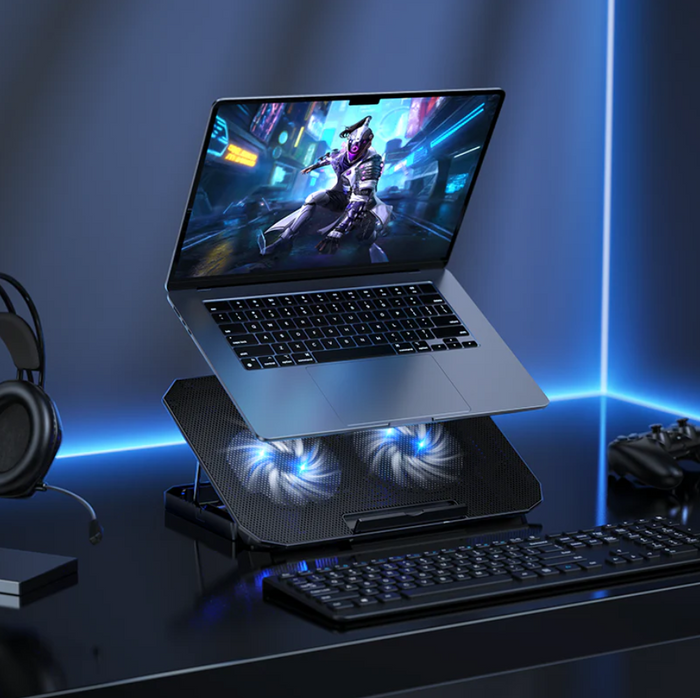 Techplus adjustable laptop stand with built-in cooling fan, ergonomic design, and multiple height settings for comfortable use.