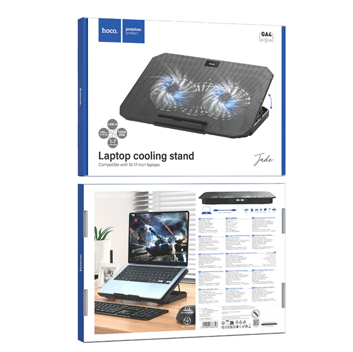 TechPlus adjustable laptop stand with built-in cooling fan for improved airflow and ergonomic use.