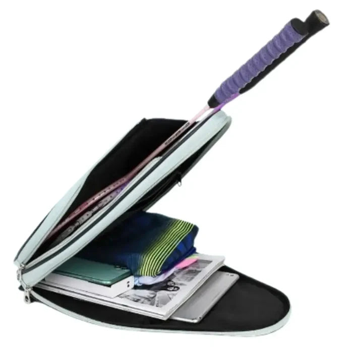 Large Habicare 9eight5 sports racket bag with multiple compartments, available in four colors, designed for tennis or badminton gear.