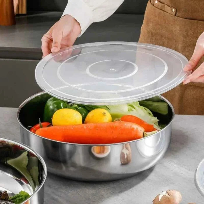 Large stainless steel mixing bowls for dough, pasta, vegetables, and soups, with a rust-resistant finish for versatile kitchen use.