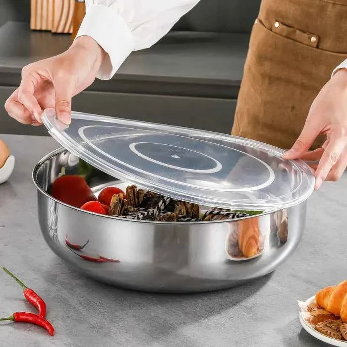 Large stainless steel mixing bowl from ShopHub NZ, rust-resistant kitchen utensil for dough, pasta, vegetables, and soups.