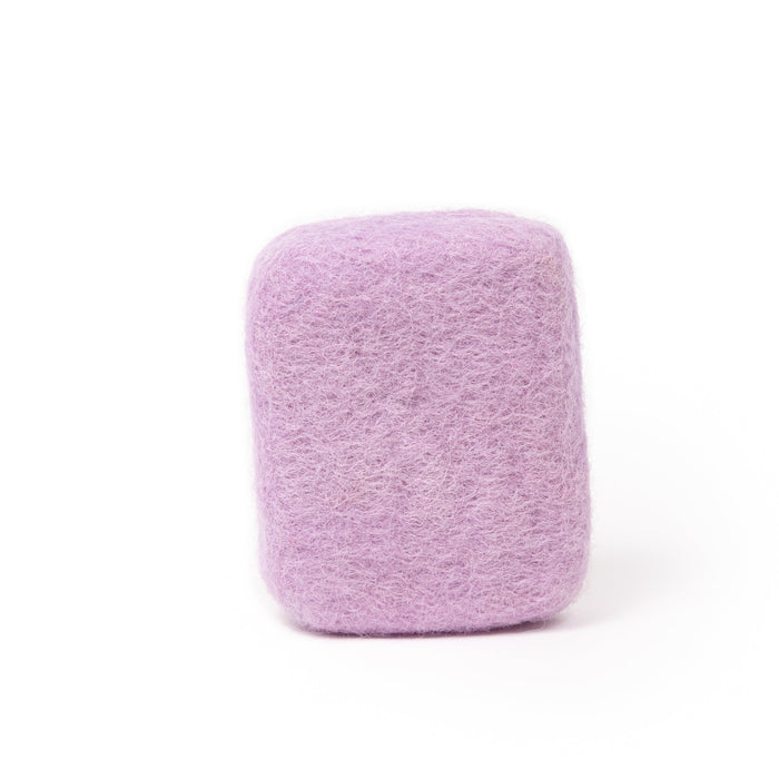 Lavender felted wool soap by Bruntwood Lane with lavender-colored felted wool exterior and soap inside, ready for use.